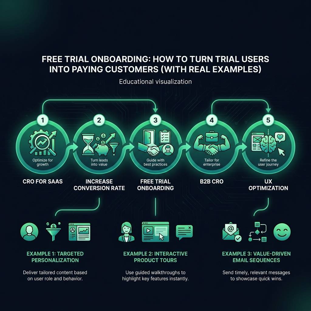 Free Trial Onboarding: How to Turn Trial Users Into Paying Customers (With Real Examples) infographic showing CRO for SaaS, increase conversion rate, free trial onboarding for digital marketing