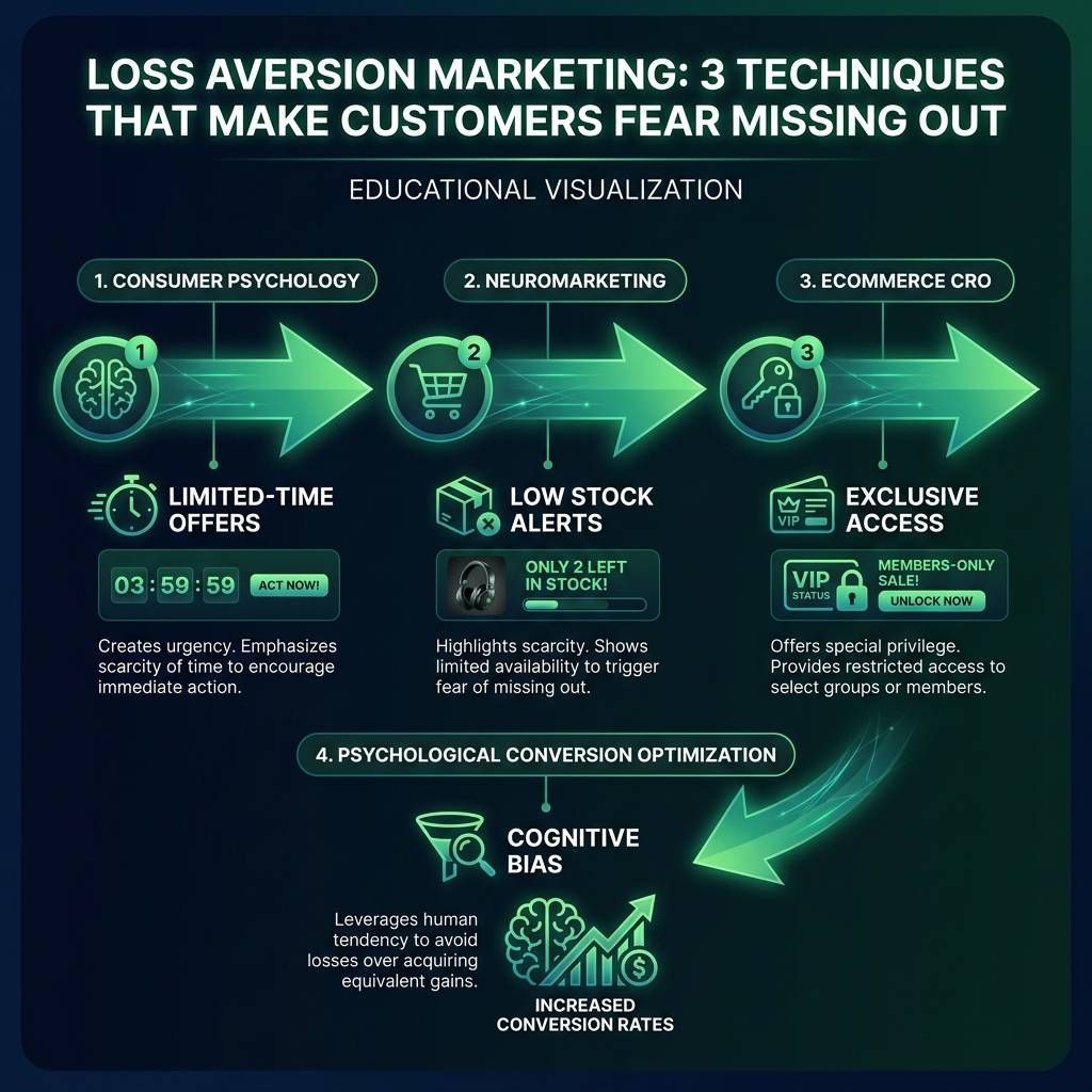 Loss Aversion Marketing: 3 Techniques That Make Customers Fear Missing Out infographic showing consumer psychology…