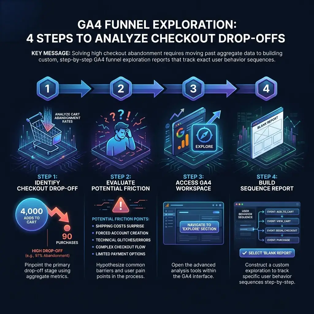 Illustration 2: GA4 Funnel Exploration: Fix Checkout Dropoffs (2026)