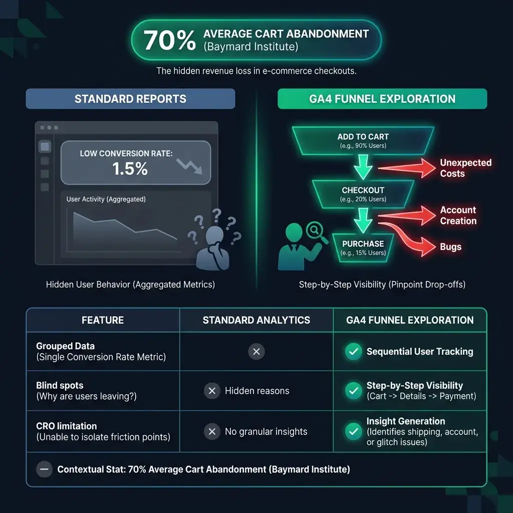 Illustration 1: GA4 Funnel Exploration: Fix Checkout Dropoffs (2026)
