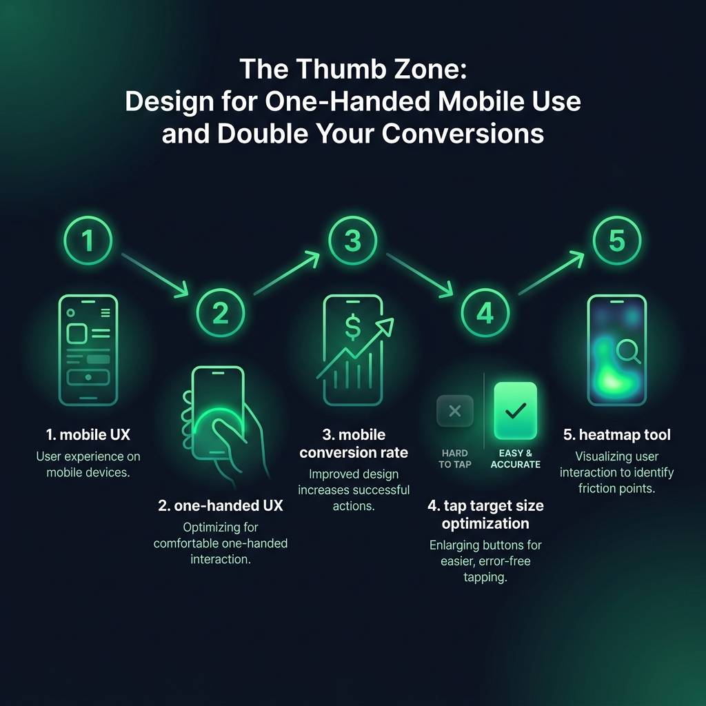 The Thumb Zone: Design for One-Handed Mobile Use and Double Your Conversions infographic showing mobile UX, one-handed UX…