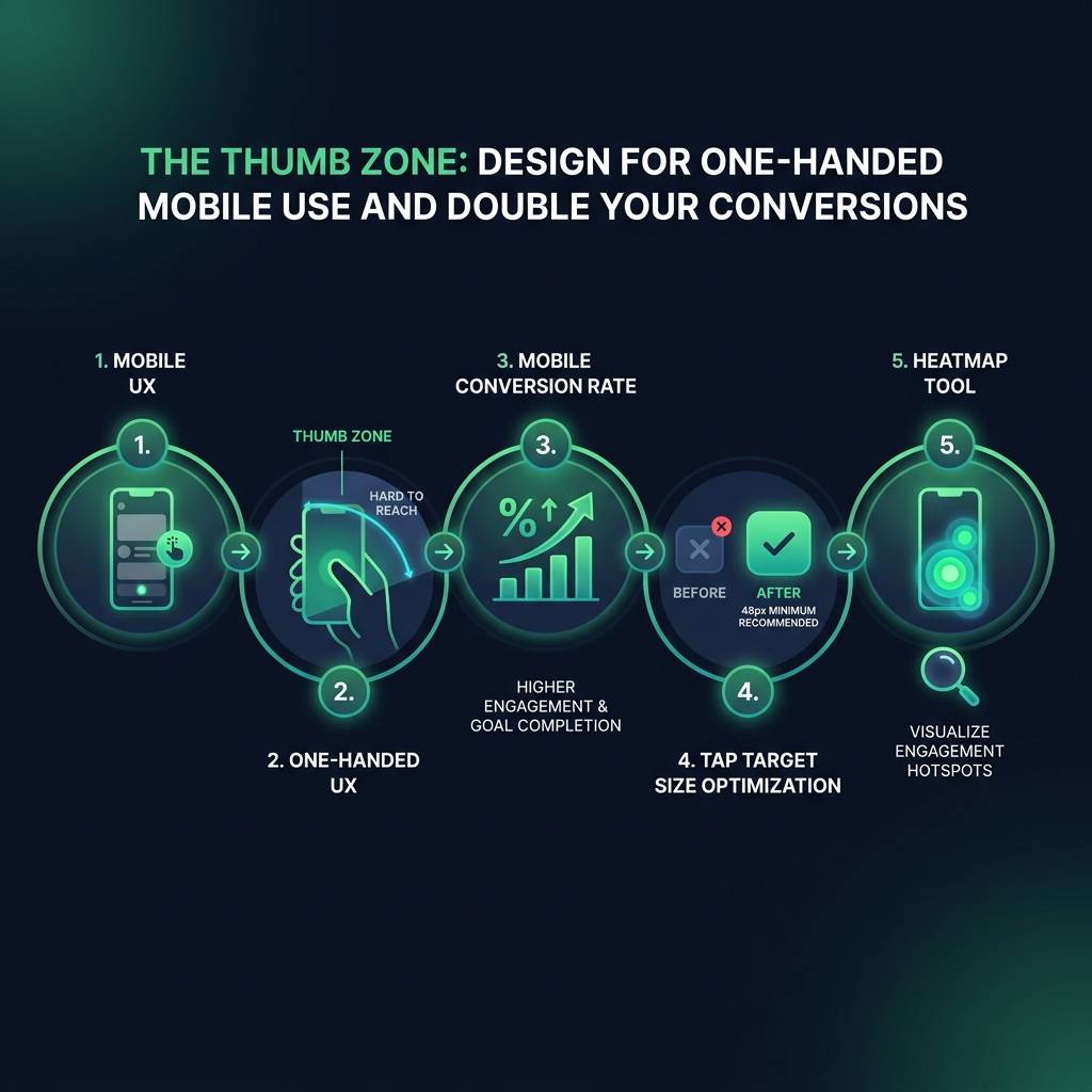 The Thumb Zone: Design for One-Handed Mobile Use and Double Your Conversions infographic showing mobile UX, one-handed UX…