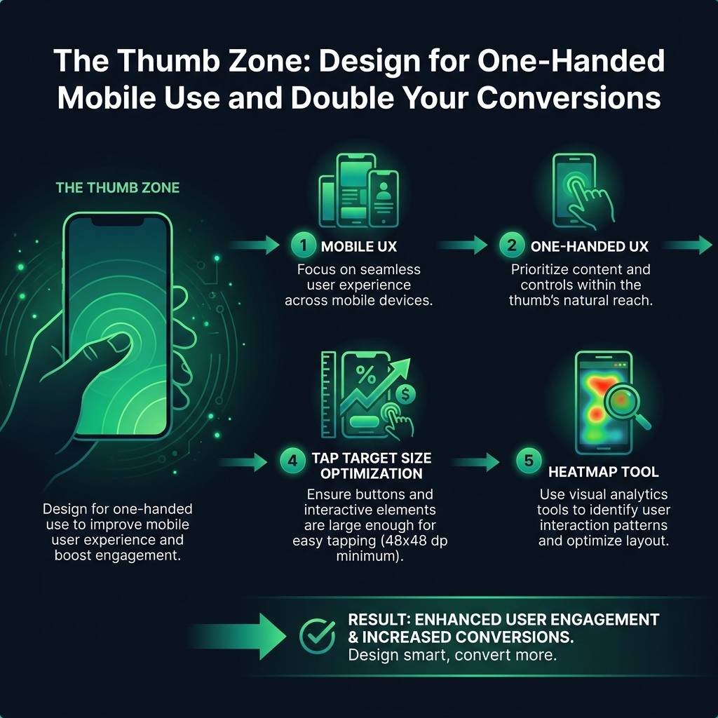 The Thumb Zone: Design for One-Handed Mobile Use and Double Your Conversions infographic showing mobile UX, one-handed UX…