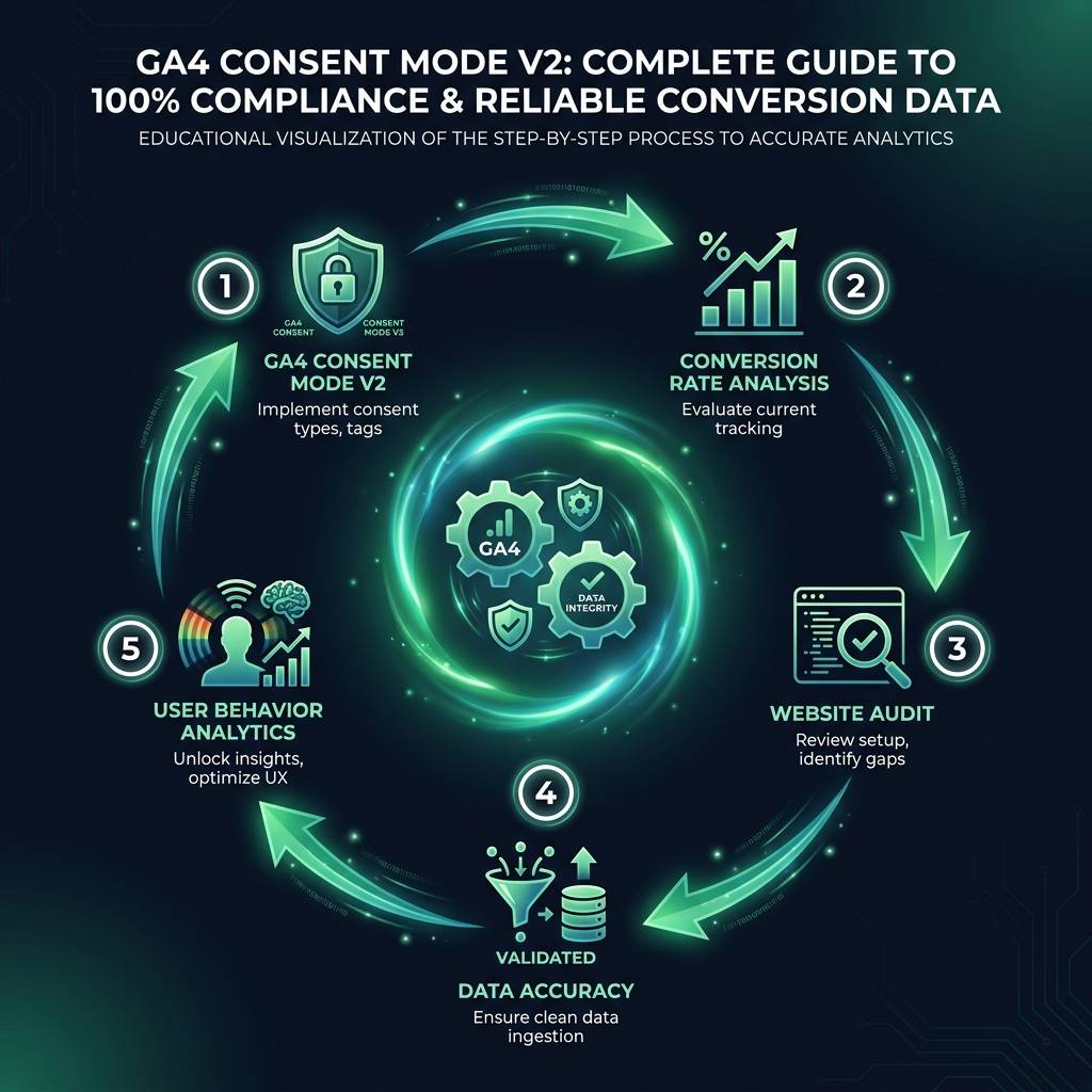 GA4 Consent Mode v2: Complete Guide to 100% Compliance & Reliable Conversion Data infographic showing GA4 consent mode v2…