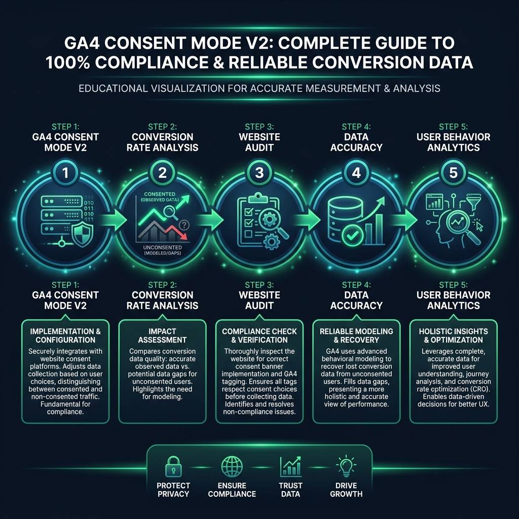 GA4 Consent Mode v2: Complete Guide to 100% Compliance & Reliable Conversion Data infographic showing GA4 consent mode v2…
