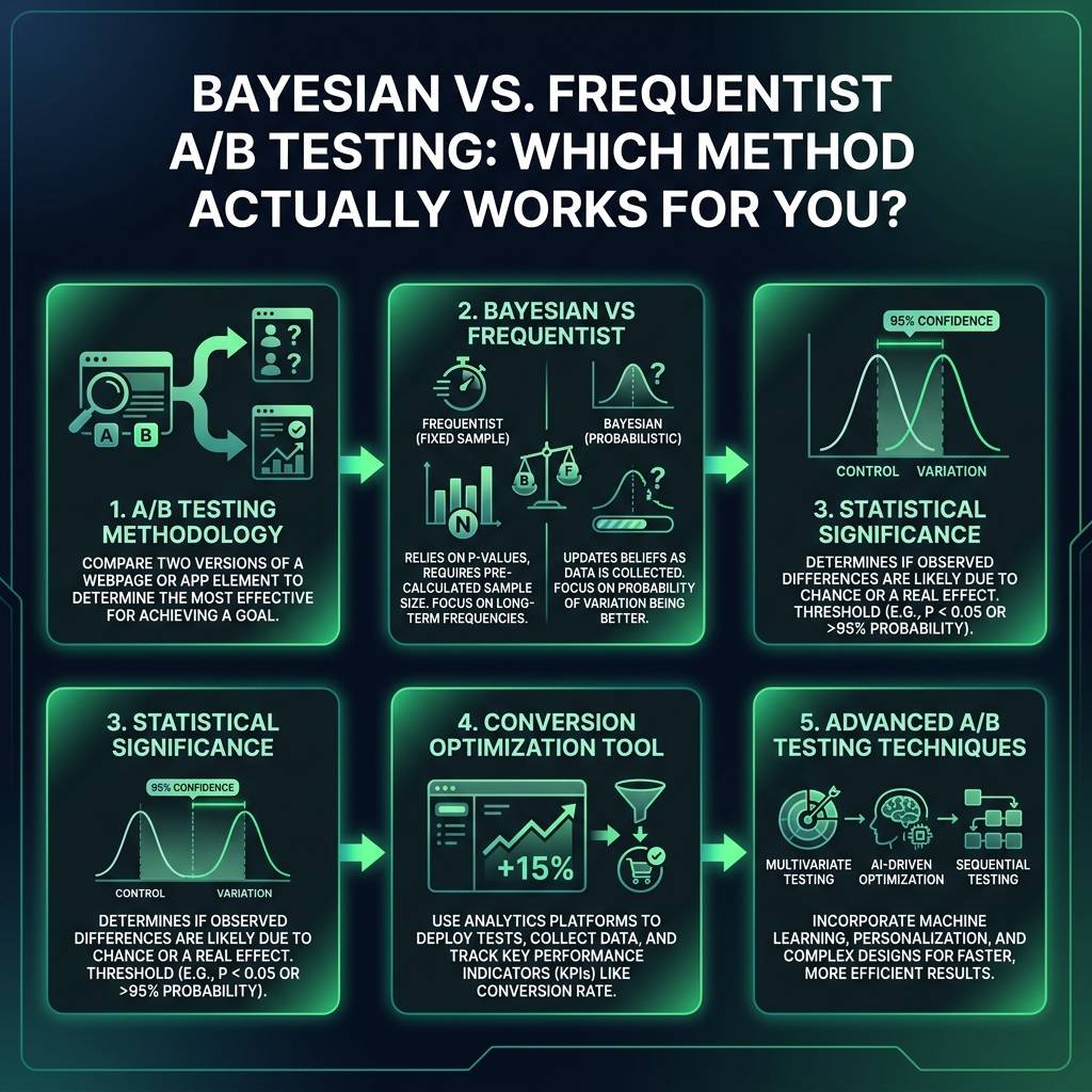 Bayesian vs. Frequentist A/B Testing: Which Method Actually Works for You? infographic showing A/B testing methodology…