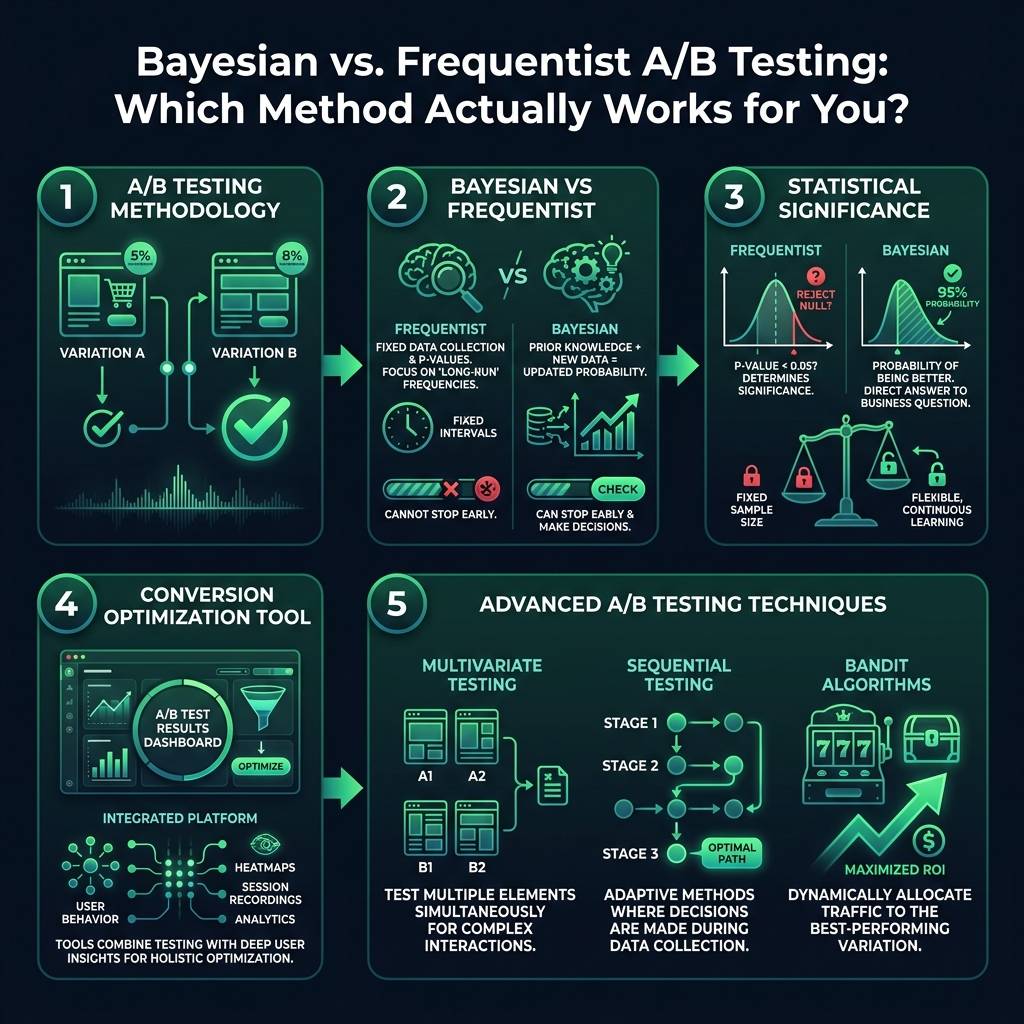 Bayesian vs. Frequentist A/B Testing: Which Method Actually Works for You? infographic showing A/B testing methodology…
