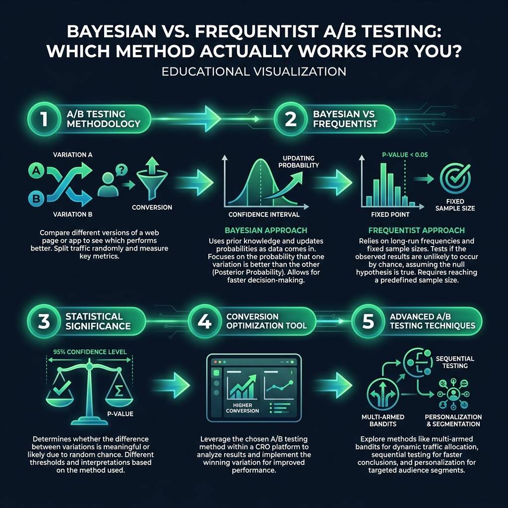 Bayesian vs. Frequentist A/B Testing: Which Method Actually Works for You? infographic showing A/B testing methodology…