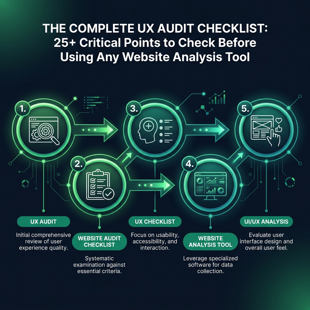 The Complete UX Audit Checklist: 25+ Critical Points to Check Before Using Any Website Analysis Tool infographic showing UX audit, website audit checklist, UX checklist for digital marketing