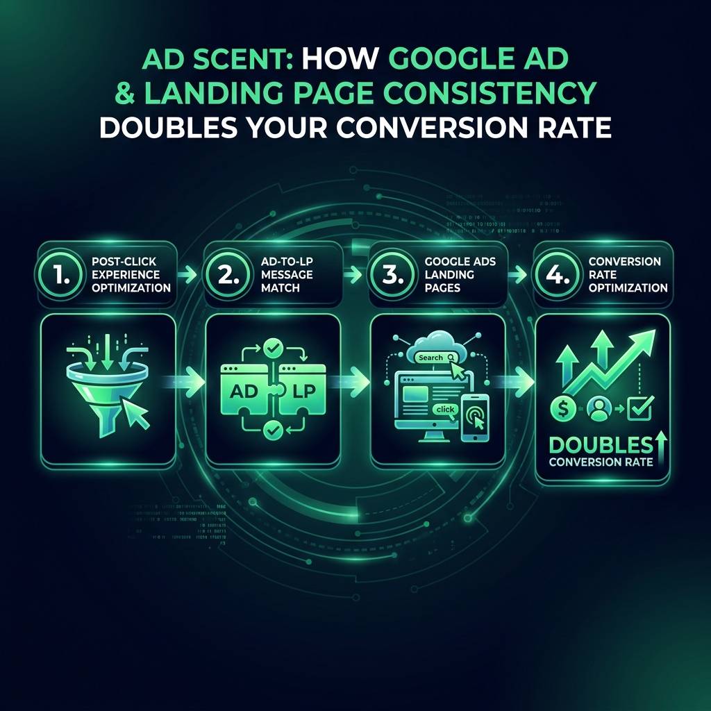 Ad Scent: How Google Ad & Landing Page Consistency Doubles Your Conversion Rate infographic showing post-click experience…