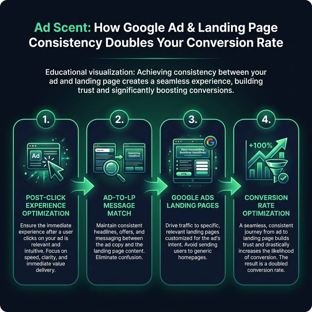 Ad Scent: How Google Ad & Landing Page Consistency Doubles Your Conversion Rate infographic showing post-click experience…
