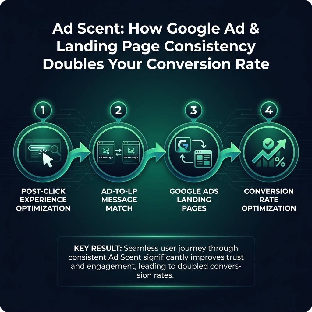 Ad Scent: How Google Ad & Landing Page Consistency Doubles Your Conversion Rate infographic showing post-click experience…