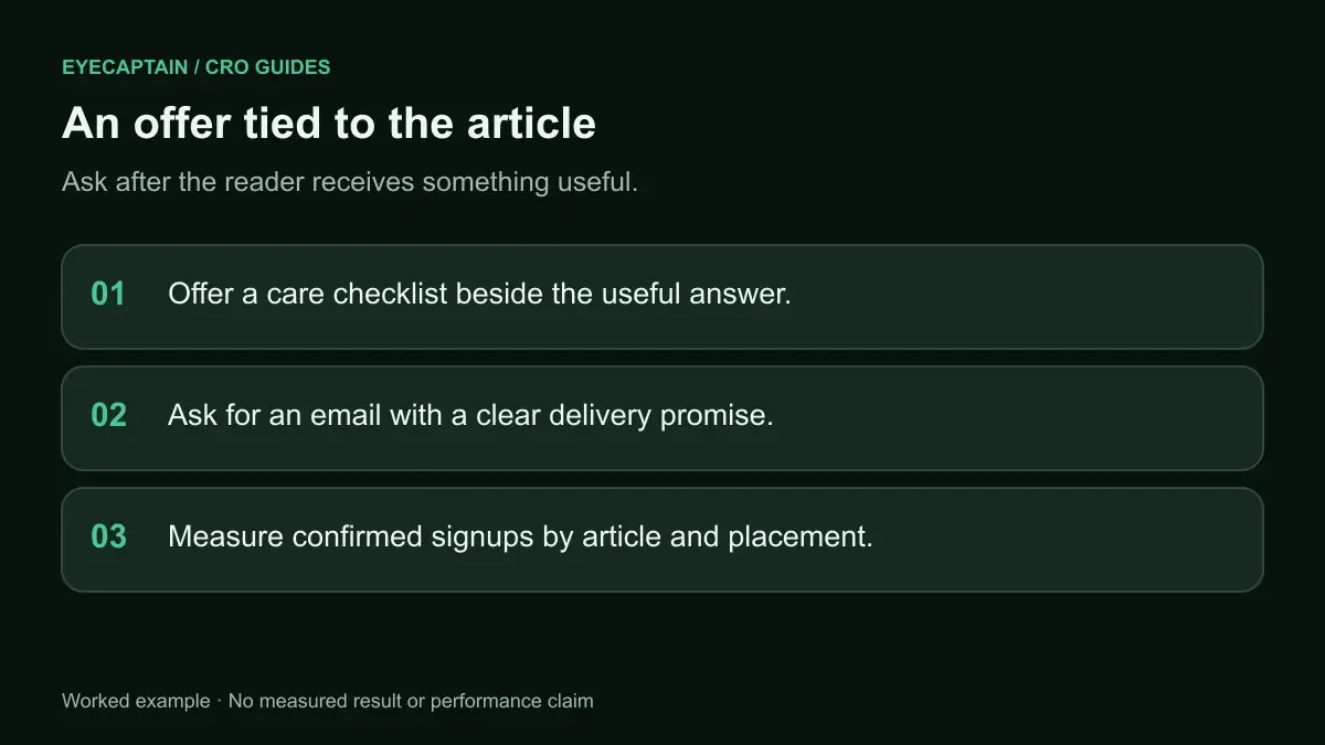 An offer tied to the article. Ask after the reader receives something useful.