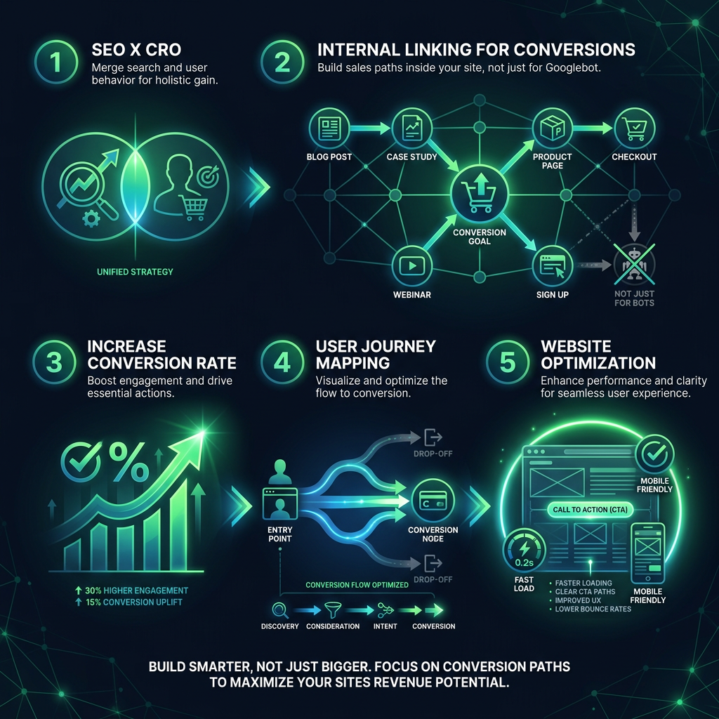 Internal Linking for Conversions: Build Sales Paths Inside Your Site, Not Just for Googlebot infographic showing SEO × CRO, internal linking for conversions, increase conversion rate for digital marketing