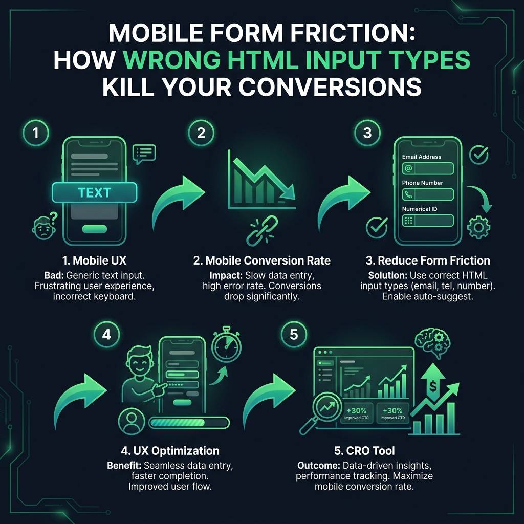 Mobile Form Friction: How Wrong HTML Input Types Kill Your Conversions infographic showing mobile UX, mobile conversion…