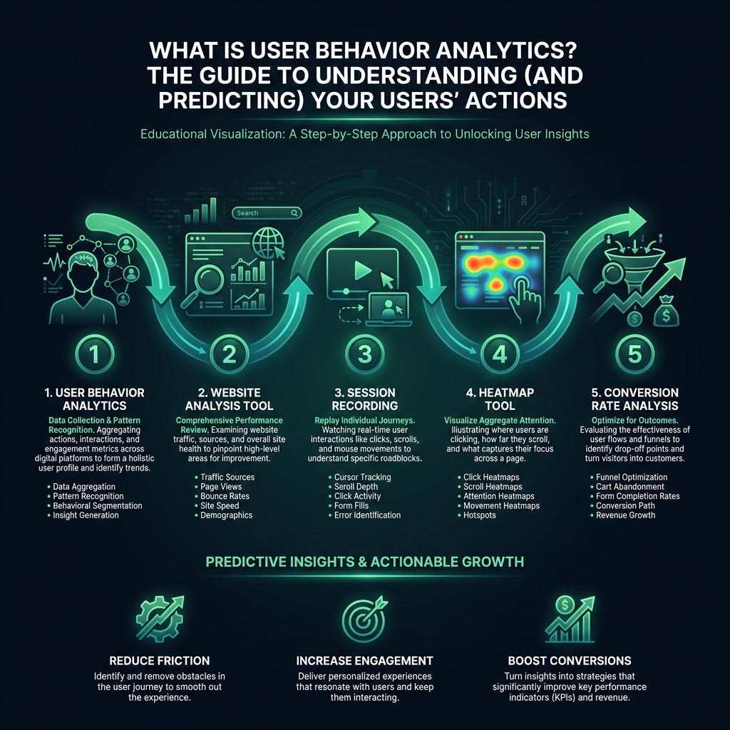 What is User Behavior Analytics? The Guide to Understanding (and Predicting) Your Users' Actions infographic showing user behavior analytics, website analysis tool, session recording for digital marketing