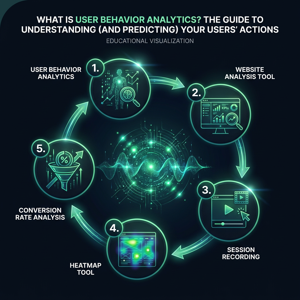 What is User Behavior Analytics? The Guide to Understanding (and Predicting) Your Users' Actions infographic showing user behavior analytics, website analysis tool, session recording for digital marketing