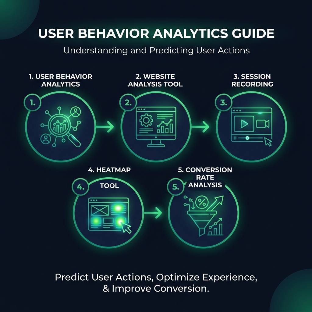 What is User Behavior Analytics? The Guide to Understanding (and Predicting) Your Users' Actions infographic showing user behavior analytics, website analysis tool, session recording for digital marketing
