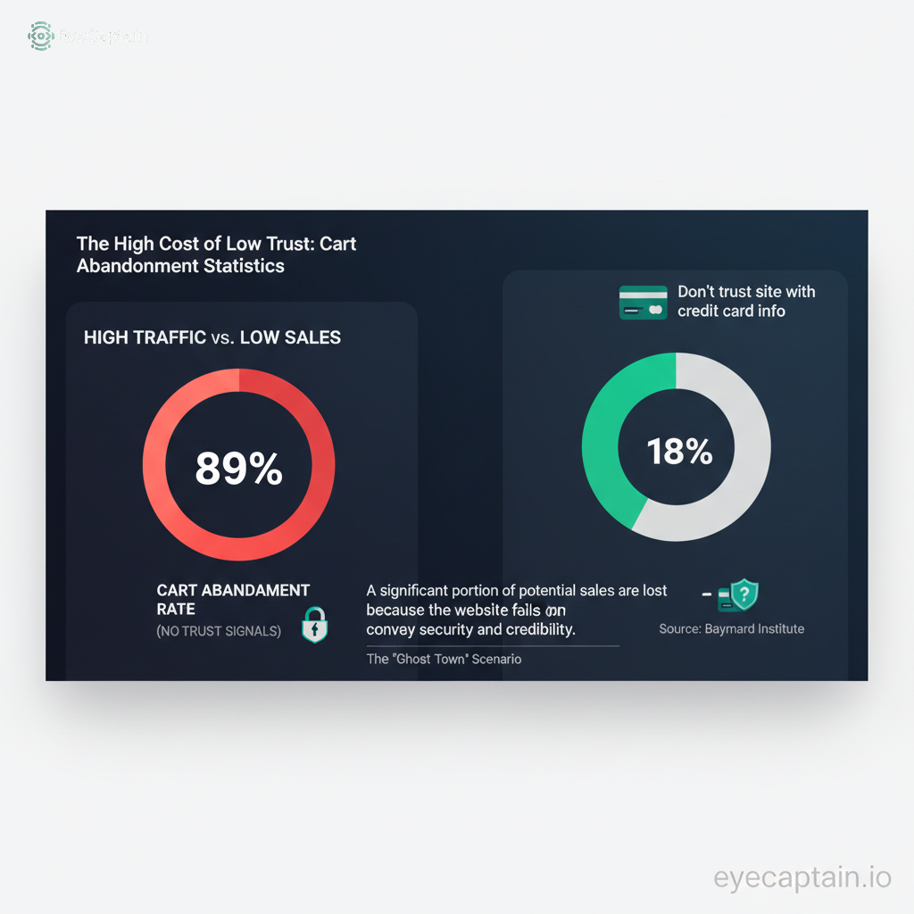 Στατιστικό infographic που αναλύει τα ποσοστά εγκατάλειψης καλαθιού (cart abandonment) λόγω έλλειψης εμπιστοσύνης. Το γράφημα δείχνει ένα ανησυχητικό ποσοστό εγκατάλειψης 89% σε ιστοσελίδες χωρίς στοιχεία αξιοπιστίας και υπογραμμίζει δεδομένα του Baymard Institute, σύμφωνα με τα οποία το 18% των χρηστών εγκαταλείπουν την αγορά επειδή δεν εμπιστεύονται την ασφάλεια της ιστοσελίδας με τα στοιχεία της κάρτας τους.
