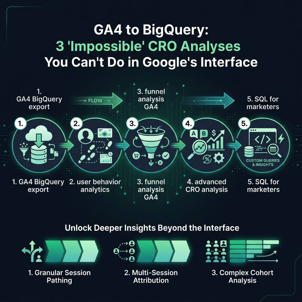 GA4 to BigQuery: 3 'Impossible' CRO Analyses You Can't Do in Google's Interface infographic showing GA4 BigQuery export…