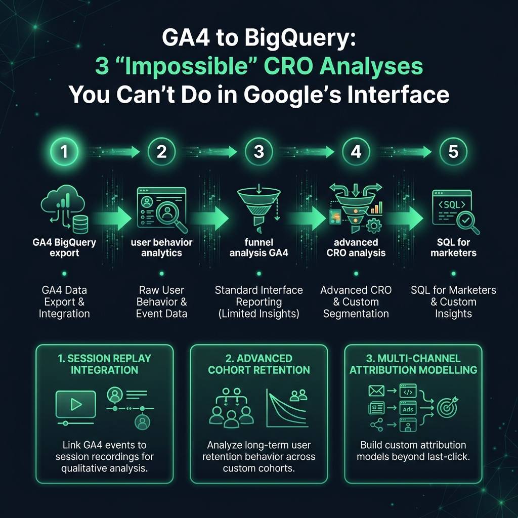 GA4 to BigQuery: 3 'Impossible' CRO Analyses You Can't Do in Google's Interface infographic showing GA4 BigQuery export…