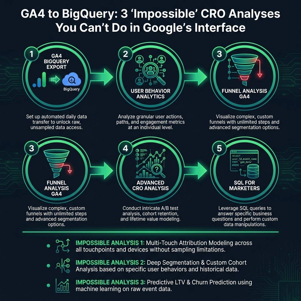 GA4 to BigQuery: 3 'Impossible' CRO Analyses You Can't Do in Google's Interface infographic showing GA4 BigQuery export…