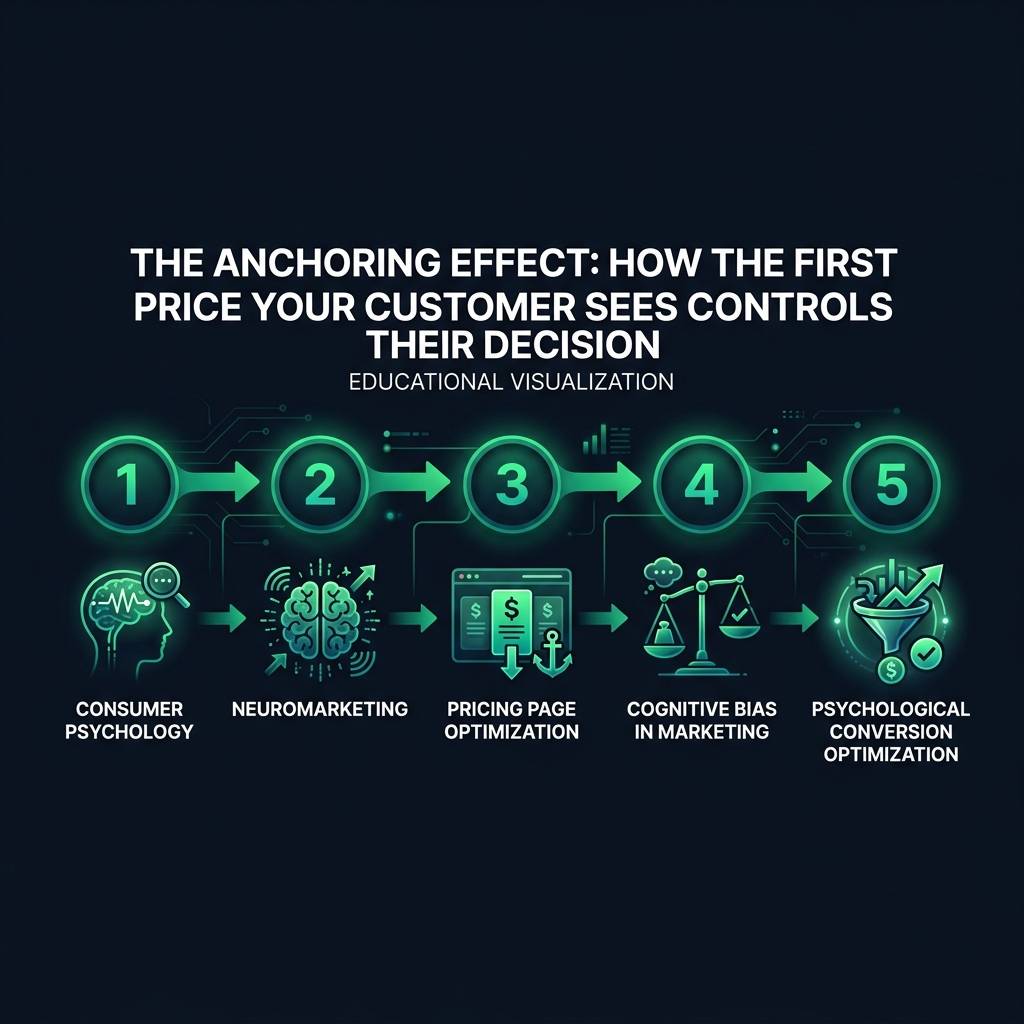 The Anchoring Effect: How the First Price Your Customer Sees Controls Their Decision infographic showing consumer psychology, neuromarketing, pricing page optimization for digital marketing
