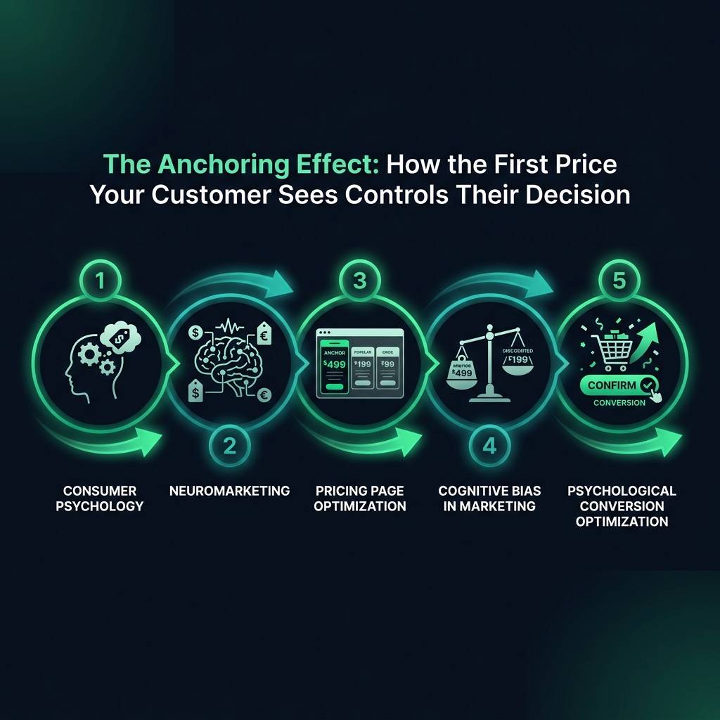The Anchoring Effect: How the First Price Your Customer Sees Controls Their Decision infographic showing consumer psychology, neuromarketing, pricing page optimization for digital marketing