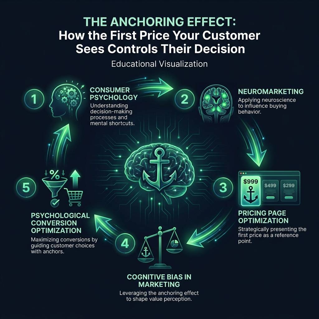 The Anchoring Effect: How the First Price Your Customer Sees Controls Their Decision infographic showing consumer psychology, neuromarketing, pricing page optimization for digital marketing