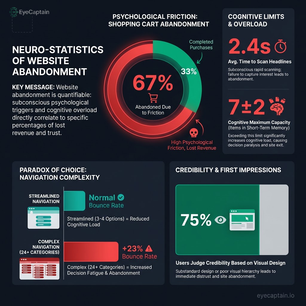 Στατιστικό infographic που παρουσιάζει 5 βασικά δεδομένα για την ψυχολογία των χρηστών ιστοσελίδων. Τα γραφήματα δείχνουν ότι το 67% της εγκατάλειψης καλαθιού οφείλεται σε ψυχολογική τριβή, ο εγκέφαλος επεξεργάζεται μόνο 7±2 πληροφορίες ταυτόχρονα, οι χρήστες κρίνουν το περιεχόμενο σε μόλις 2.4 δευτερόλεπτα, η υπερβολή στις επιλογές αυξάνει το bounce rate κατά 23% και το 75% της αξιοπιστίας βασίζεται στον εικαστικό σχεδιασμό.