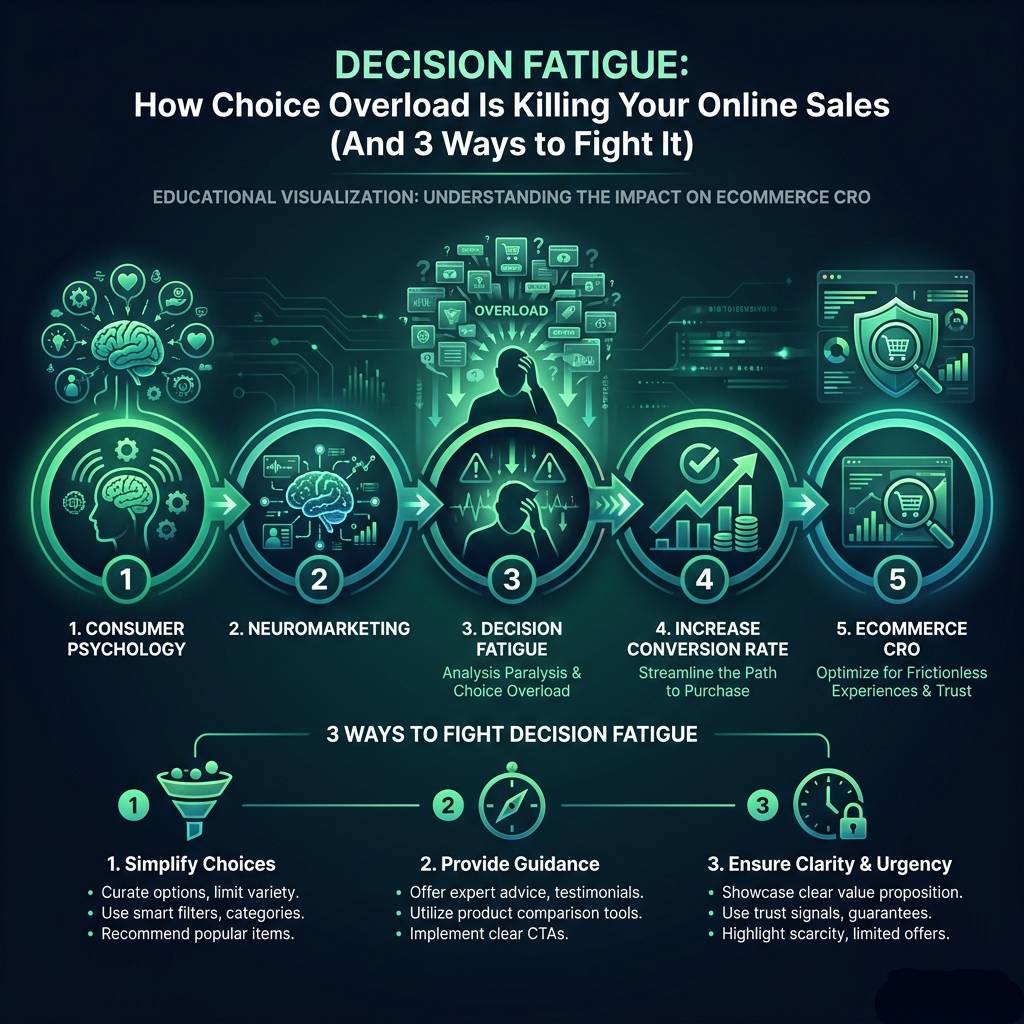 Decision Fatigue: How Choice Overload Is Killing Your Online Sales (And 3 Ways to Fight It) infographic showing consumer psychology, neuromarketing, decision fatigue for digital marketing