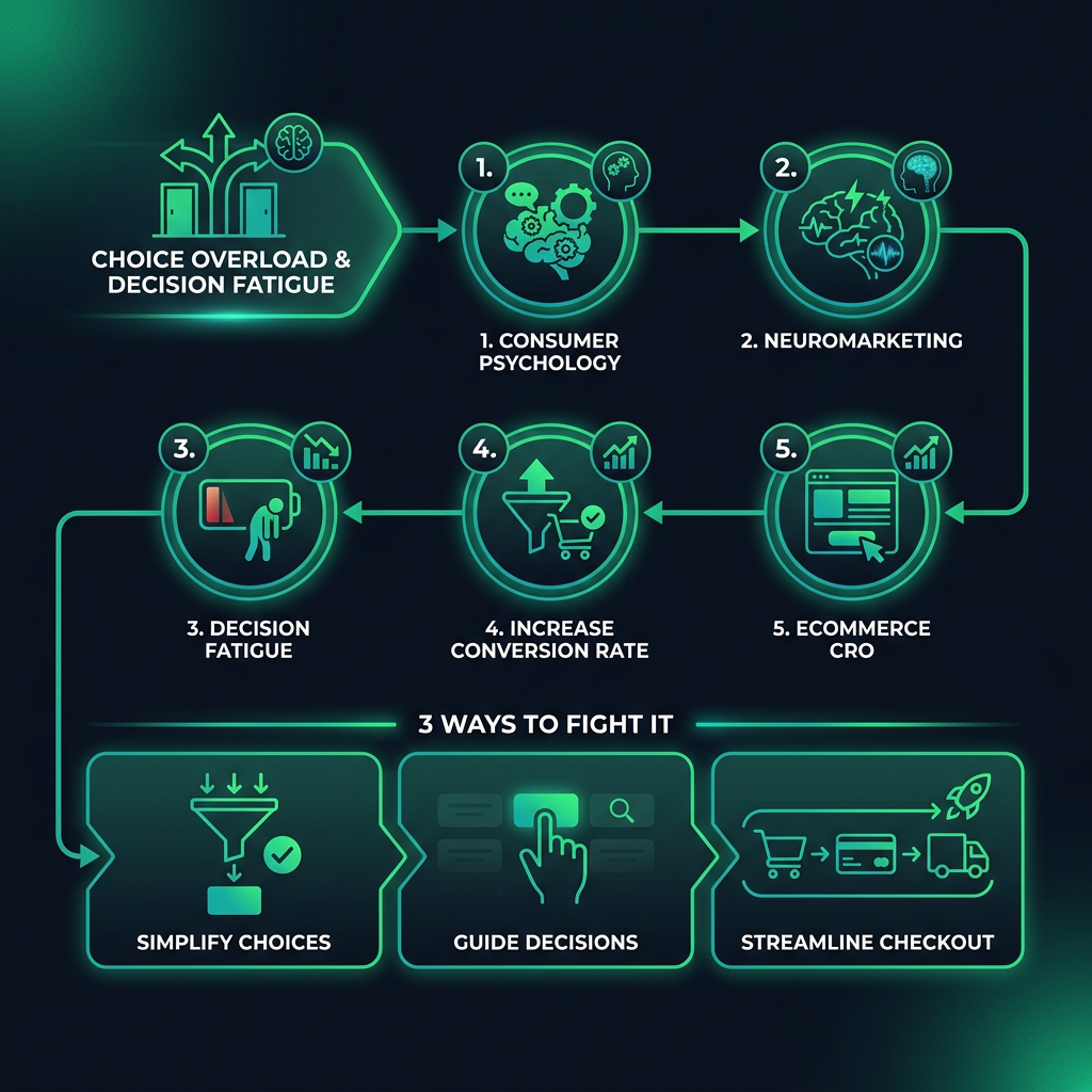 Decision Fatigue: How Choice Overload Is Killing Your Online Sales (And 3 Ways to Fight It) infographic showing consumer psychology, neuromarketing, decision fatigue for digital marketing