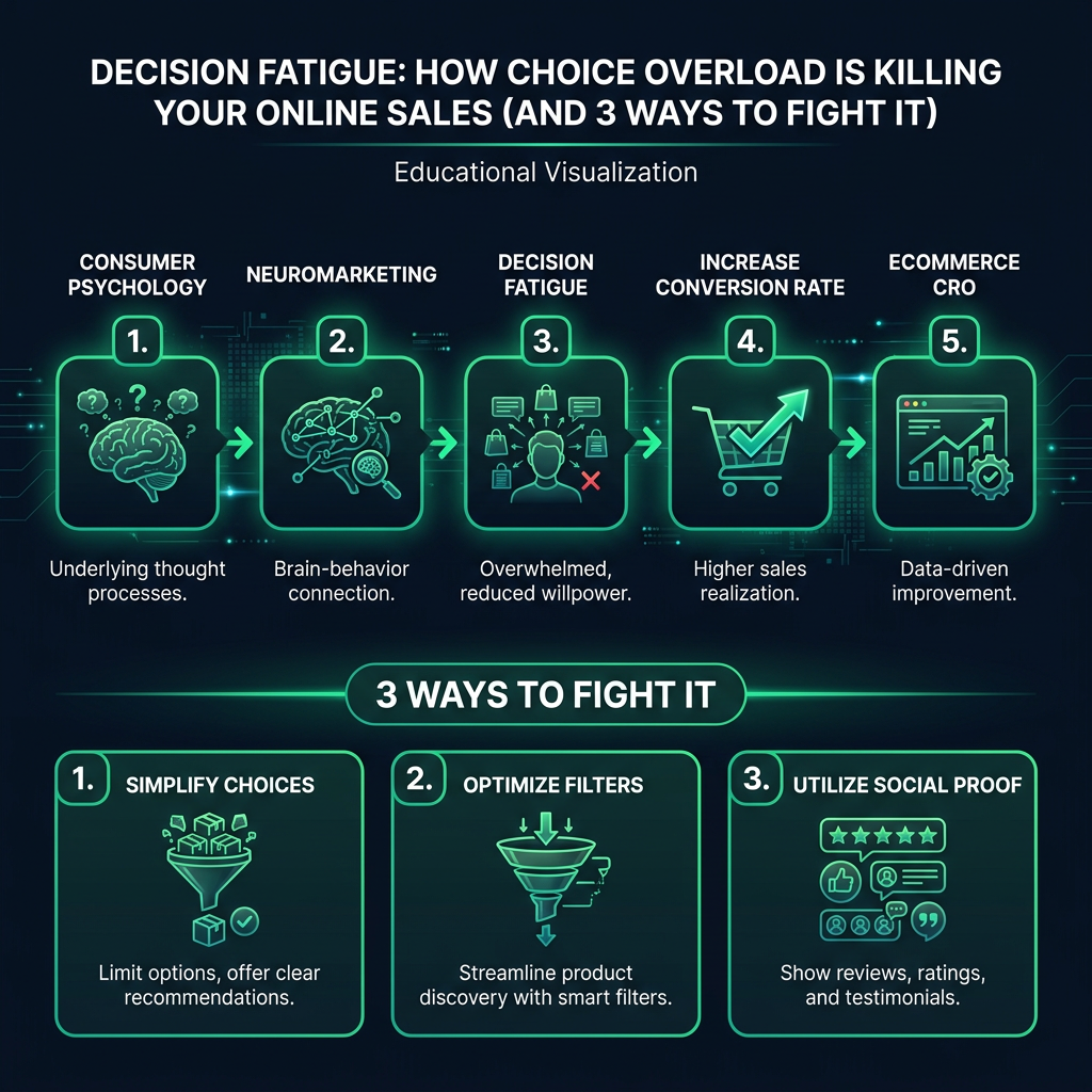 Decision Fatigue: How Choice Overload Is Killing Your Online Sales (And 3 Ways to Fight It) infographic showing consumer psychology, neuromarketing, decision fatigue for digital marketing