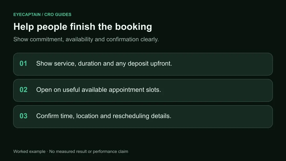 Help people finish the booking. Show commitment, availability and confirmation clearly.