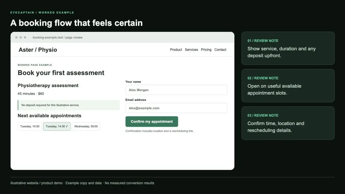A booking flow that feels certain. Show service, duration and any deposit upfront. Open on useful available appointment…
