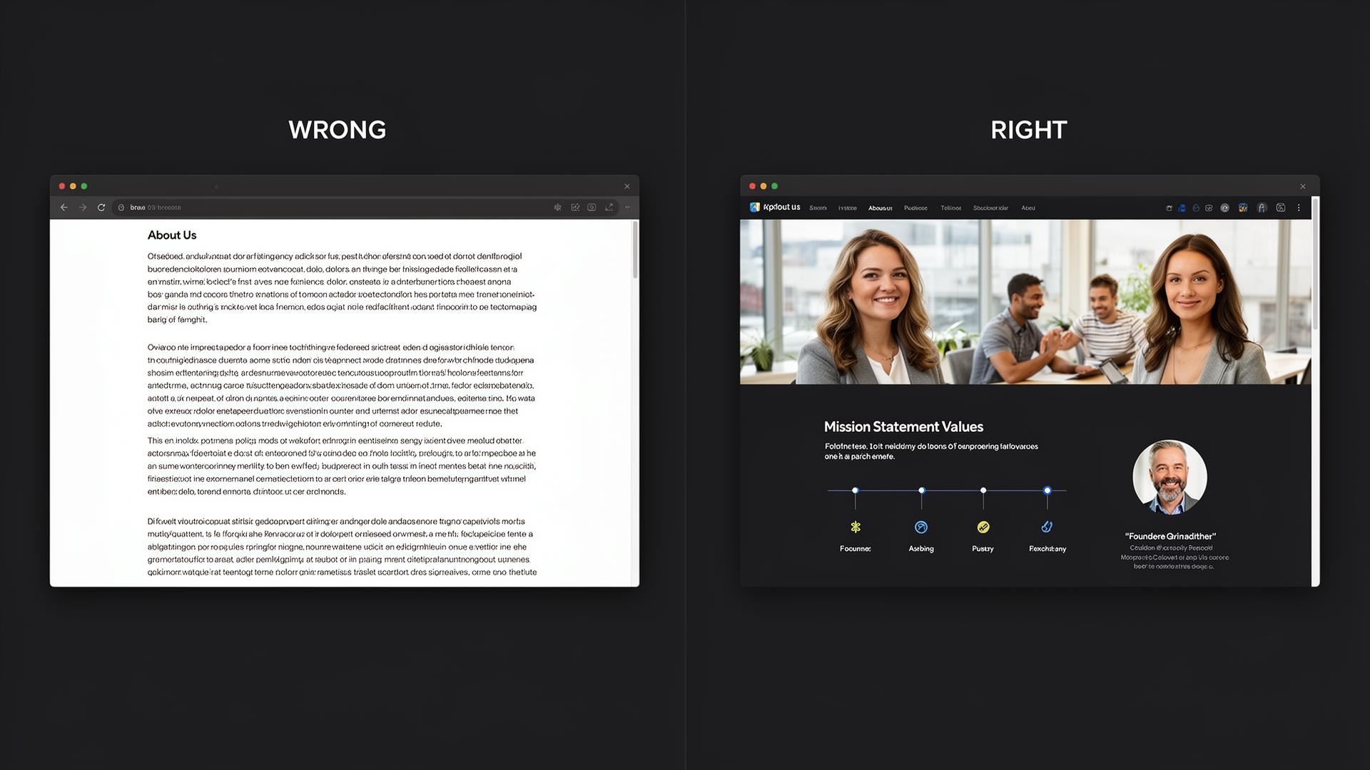 About Us. Wrong vs Right comparison
