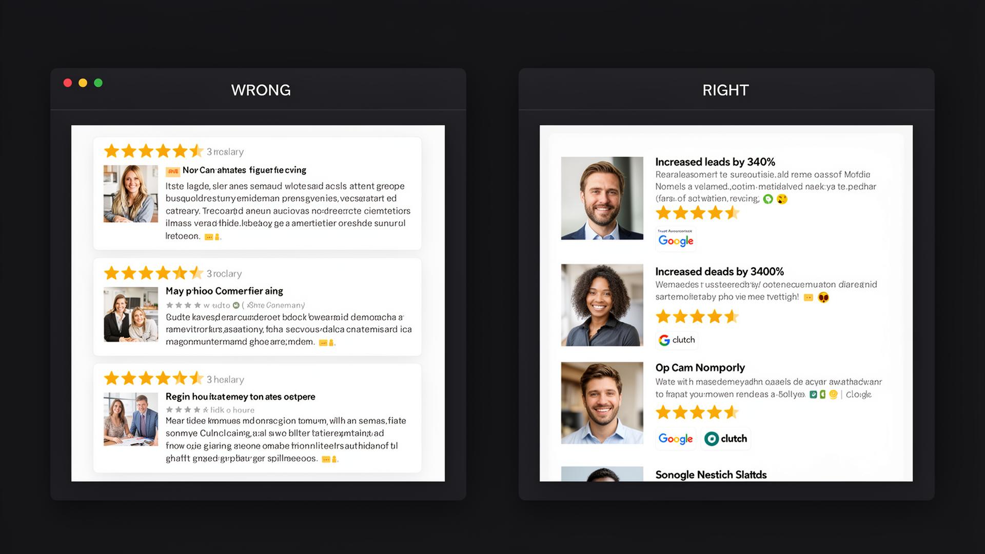 Social Proof & Testimonials. Wrong vs Right comparison