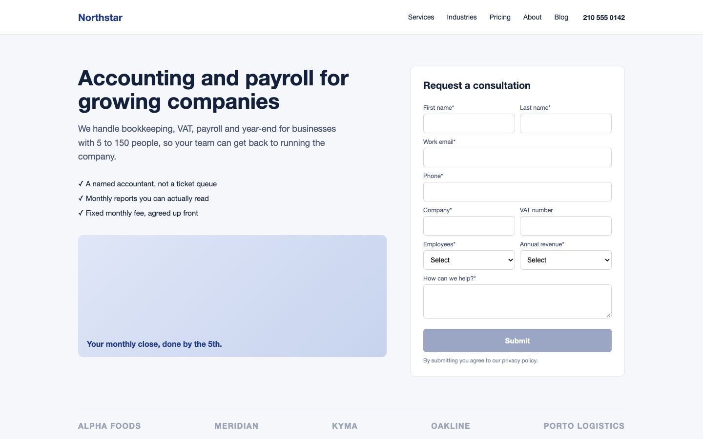 Lead page of the Northstar demo firm