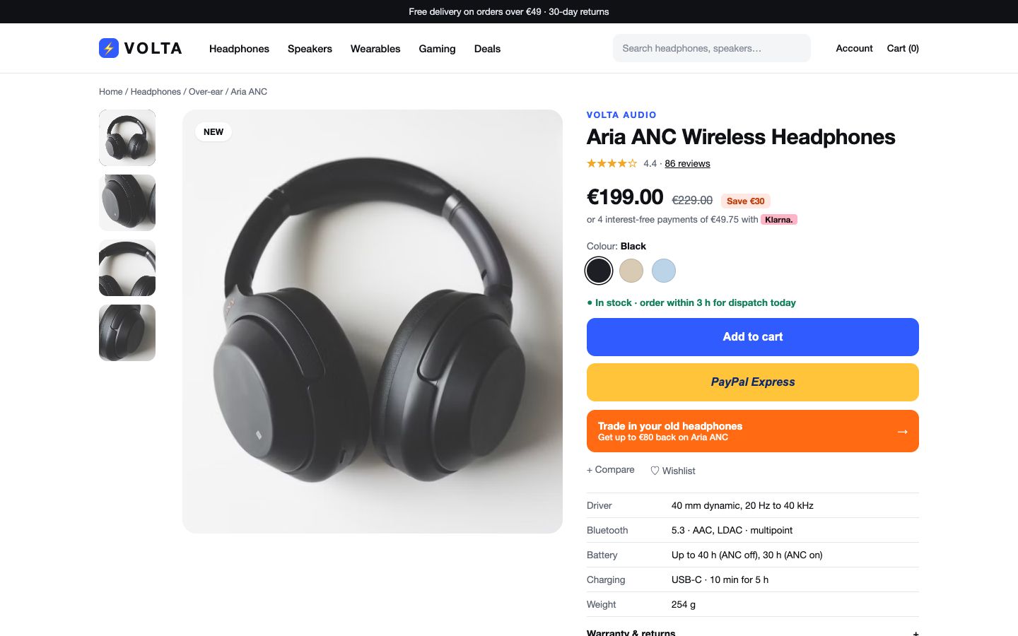 Product page of the VOLTA demo store
